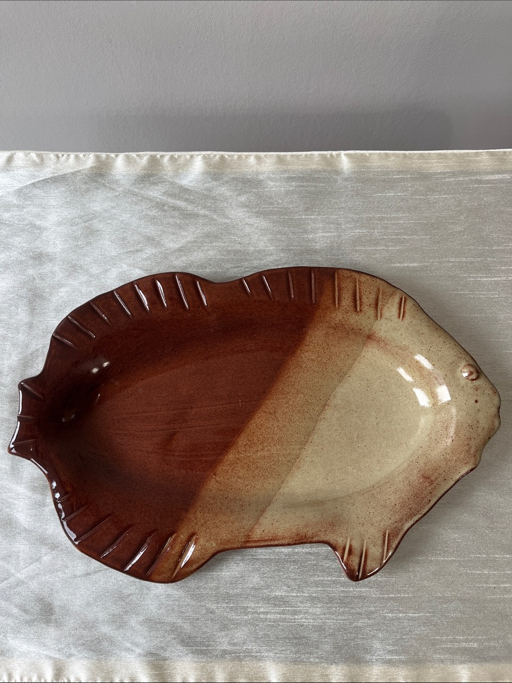 Vintage Artisan Ceramic Fish Serving Platter - Retro 1970s Drip Glaze Plate